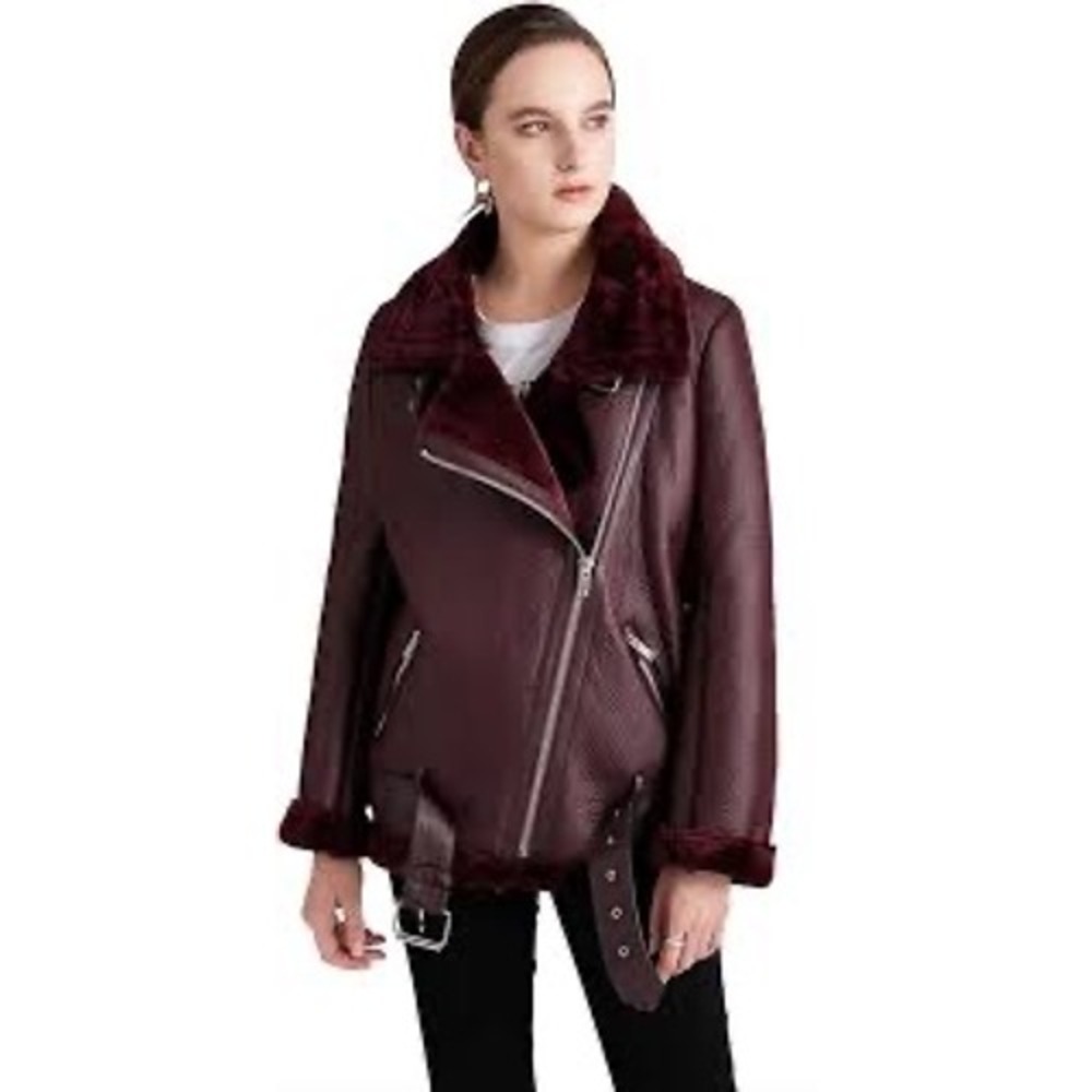 Zara Woman Burgundy Faux Leather Fur Aviator Moto Jacket XS Mob Wife Aesthetic